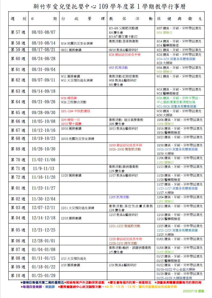 愛兒堡托嬰中心 東大校 109學年度 第 1學期教學行事曆