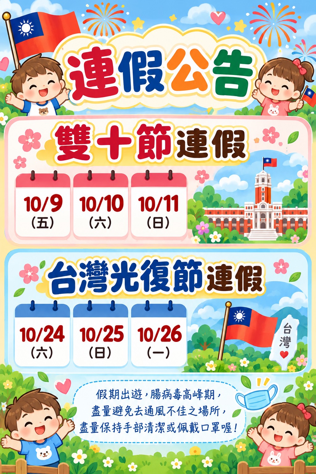 115年雙十節&光復節連假公告 115年雙十節&光復節連假公告